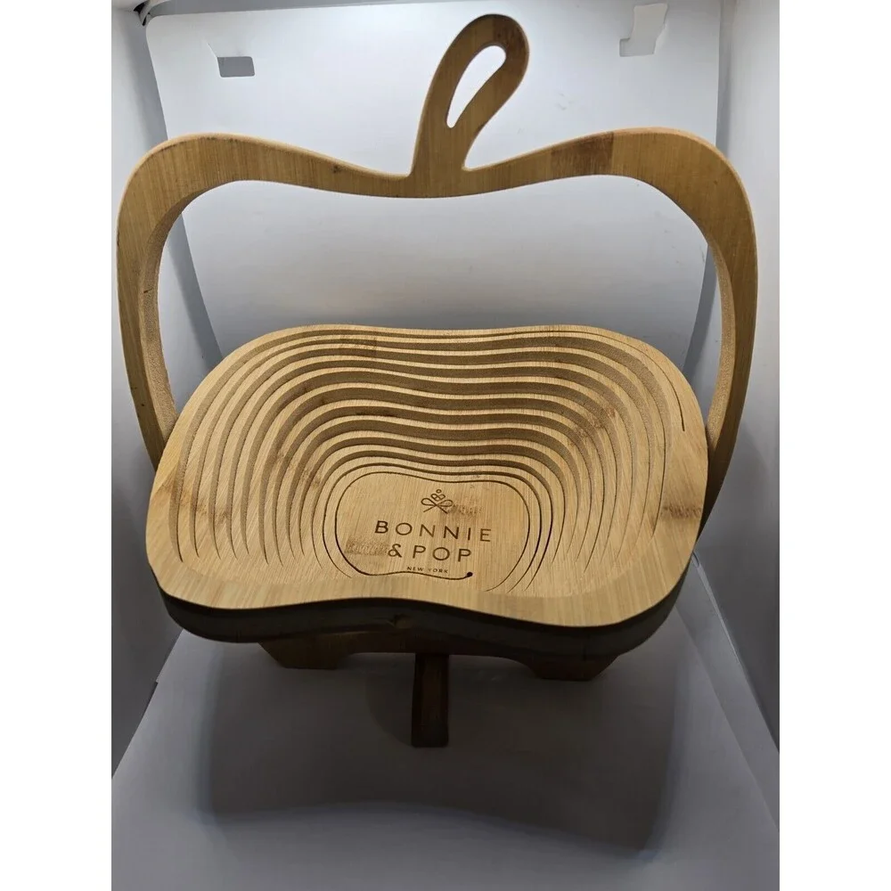 Apple Shaped Folding Collapsible Wooden Basket Fruit Bowl Trivet Decor